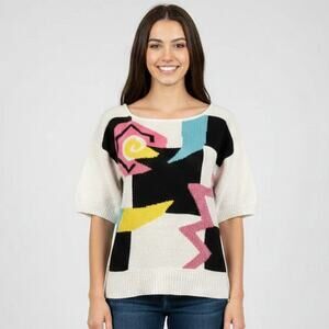 Vintage Ann Stevens White Abstract Print Sweater Size Small Short Sleeve Cozy